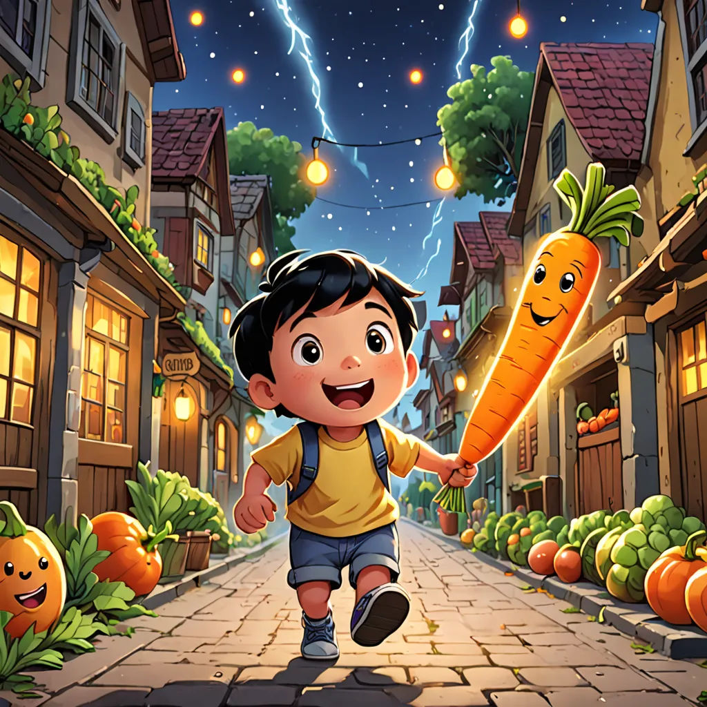 a boy is running down a street with a carrot in his hand and a lightning bolt in the background, lyco art, a storybook illustration, Diego Gisbert Llorens, storybook illustration