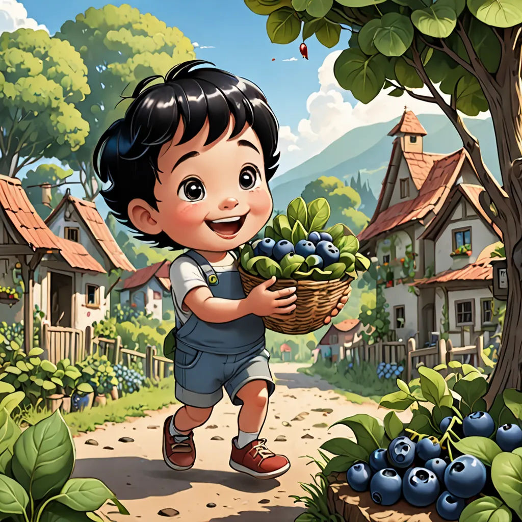 a boy carrying a basket of blueberries in a rural area with a house in the background and a tree in the foreground, fantasy art, a storybook illustration, Brom, storybook illustration