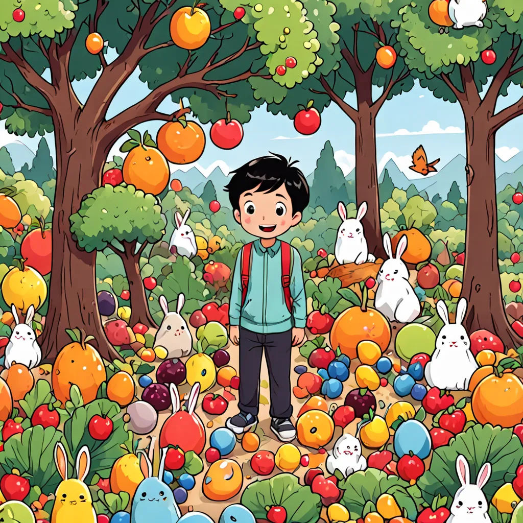 a boy standing in a forest full of fruit and vegetables with rabbits and oranges around him and a butterfly flying above him, lyco art, a storybook illustration, Diego Gisbert Llorens, comic cover art
