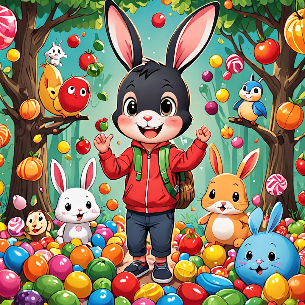 a cartoon bunny surrounded by many different colored candies and balloons in a forest with trees and animals in the background, lyco art, a storybook illustration, Diego Gisbert Llorens, highly detailed digital painting