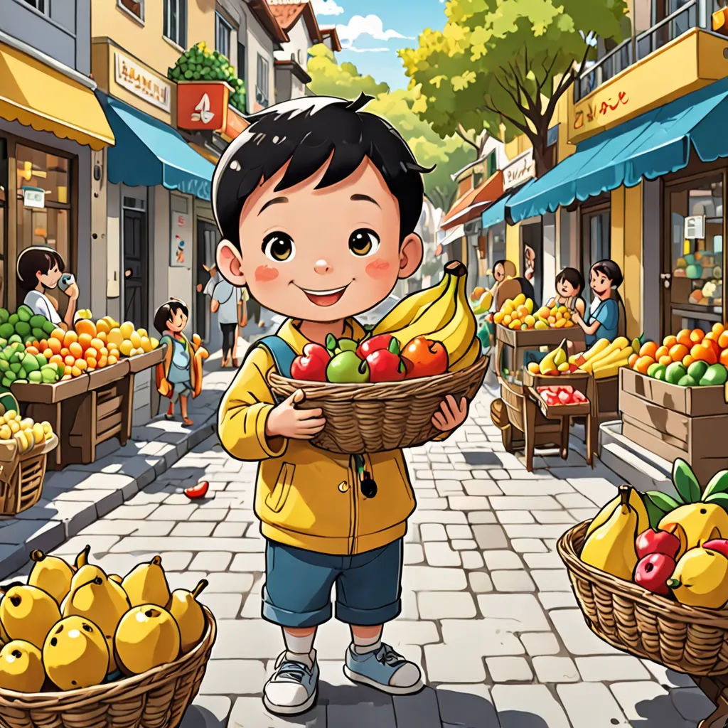 a boy holding a basket of fruit in a market place with people walking around it and a woman in a yellow jacket, lyco art, a storybook illustration, Cui Bai, promotional image