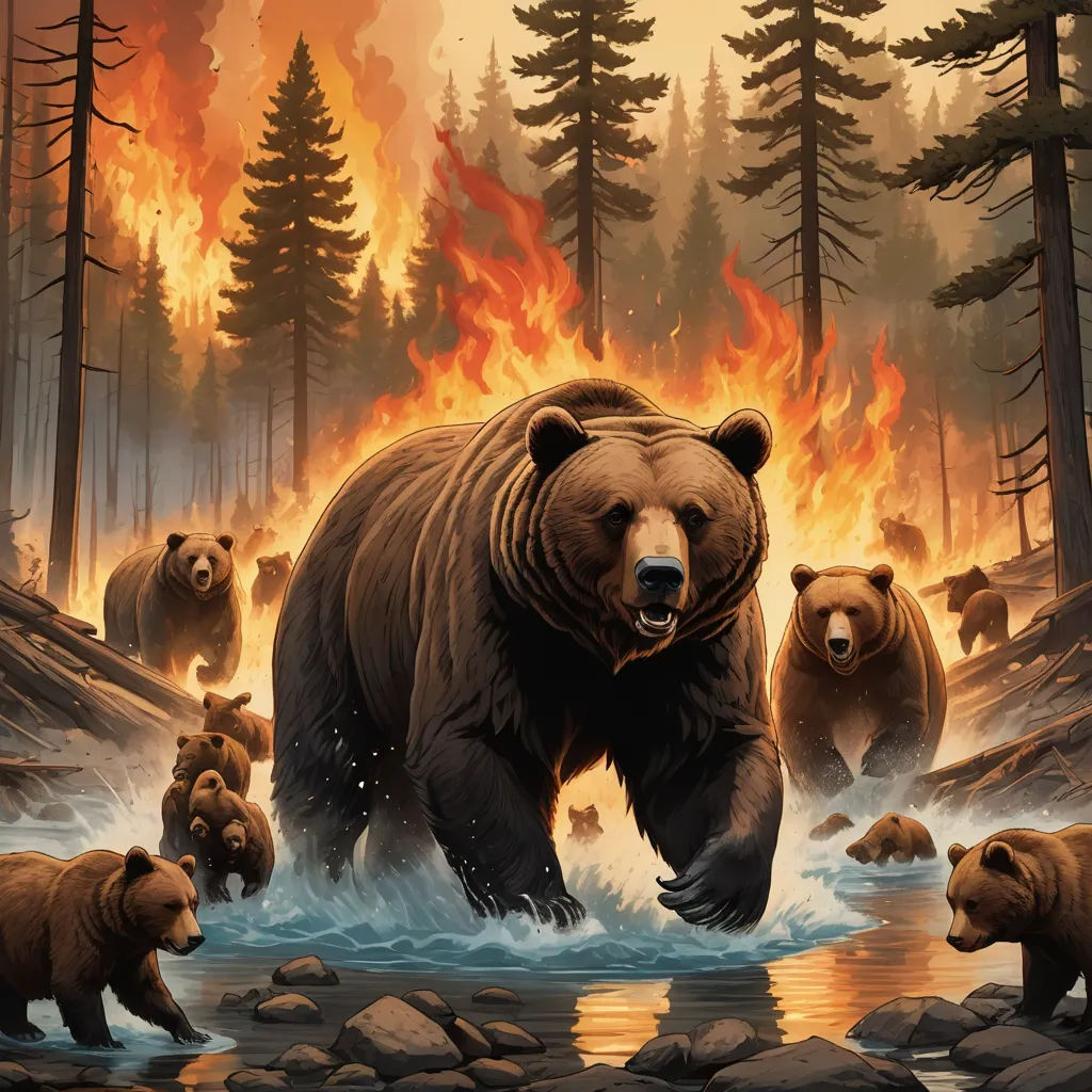a painting of a bear and other bears in a river with a fire in the background and trees on fire, furry art, concept art, Dan Mumford, magic the gathering artwork