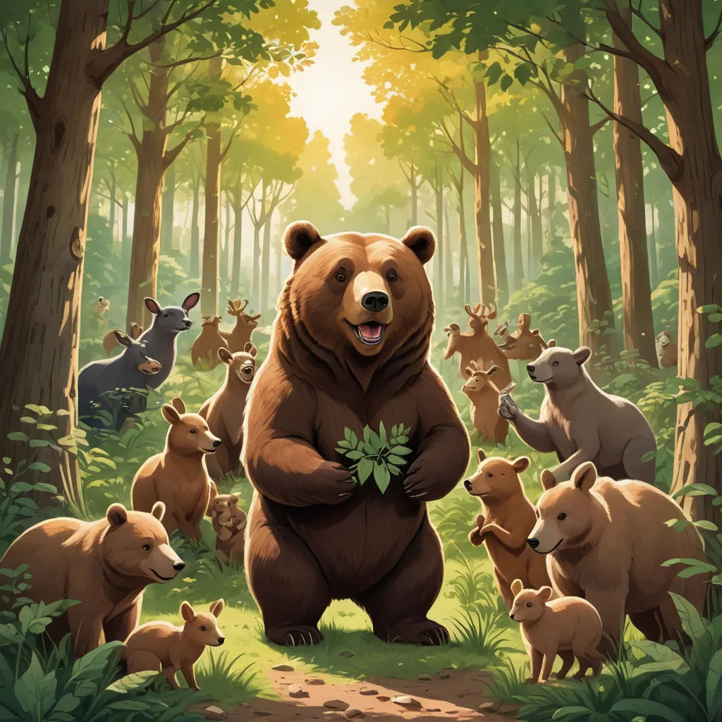 a bear standing in the middle of a forest with other bears around him and a baby bear in the foreground, furry art, a storybook illustration, Chris LaBrooy, official art