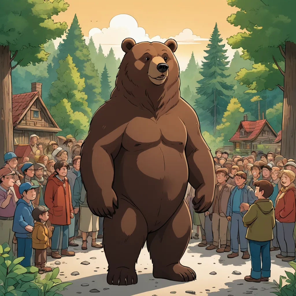 a large bear standing in front of a crowd of people in a forest area with a cabin in the background, furry art, a storybook illustration, Chris LaBrooy, official art