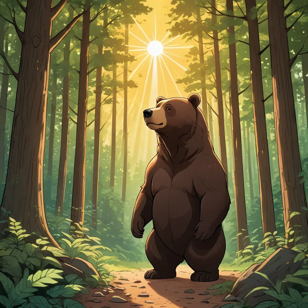 a bear standing in the middle of a forest with the sun shining through the trees behind it and the sun shining through the trees, furry art, an album cover, Chris LaBrooy, official art