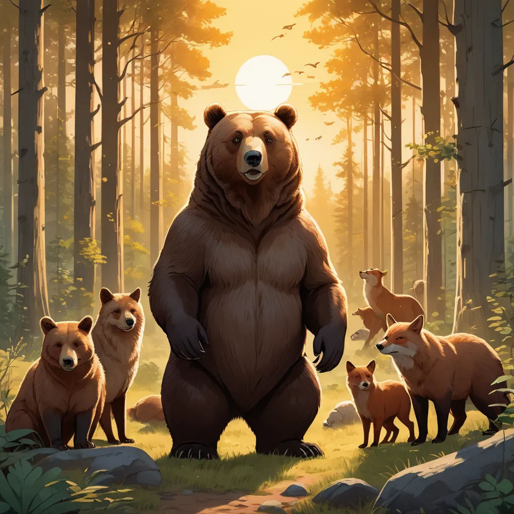 a bear standing in the middle of a forest with other animals around him and a sun setting in the background, furry art, an album cover, Chris LaBrooy, official art