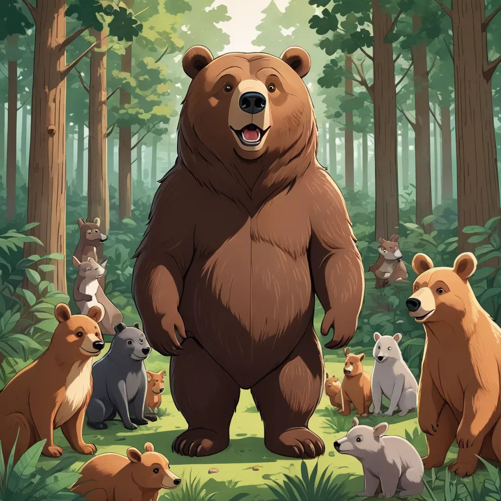 a large bear standing in the middle of a forest with other bears around it and a forest background with trees, furry art, a storybook illustration, Chris LaBrooy, official art