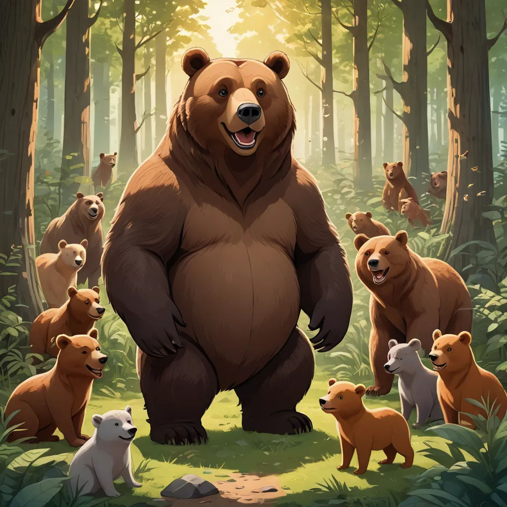 a large bear standing in the middle of a forest with other bears around it and a baby bear in the foreground, furry art, concept art, Chris LaBrooy, official art