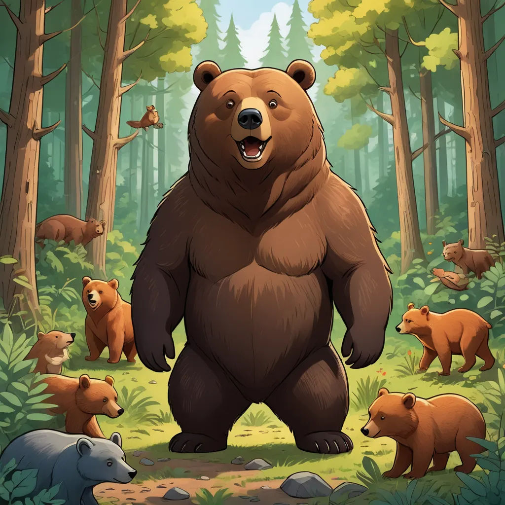 a bear standing in the middle of a forest with other bears around him and a bear cub in the foreground, furry art, a character portrait, Chris LaBrooy, game art