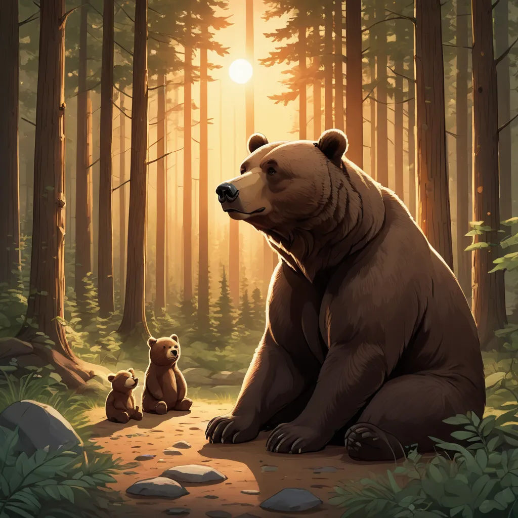 a bear and a cub sitting in the woods at sunset with the sun shining through the trees behind them, furry art, a storybook illustration, Chris LaBrooy, official art