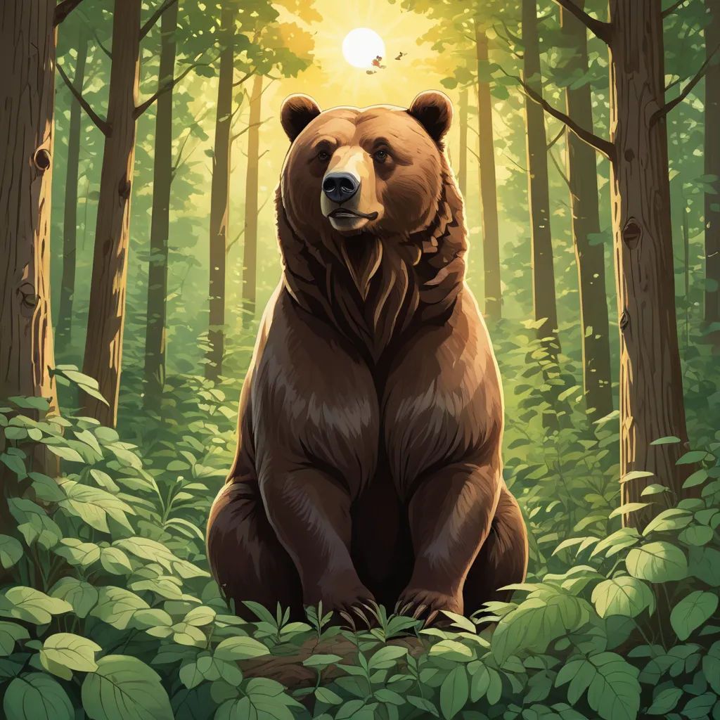 a bear sitting in the middle of a forest with a light shining on it's head and eyes, furry art, a storybook illustration, Dan Mumford, official art