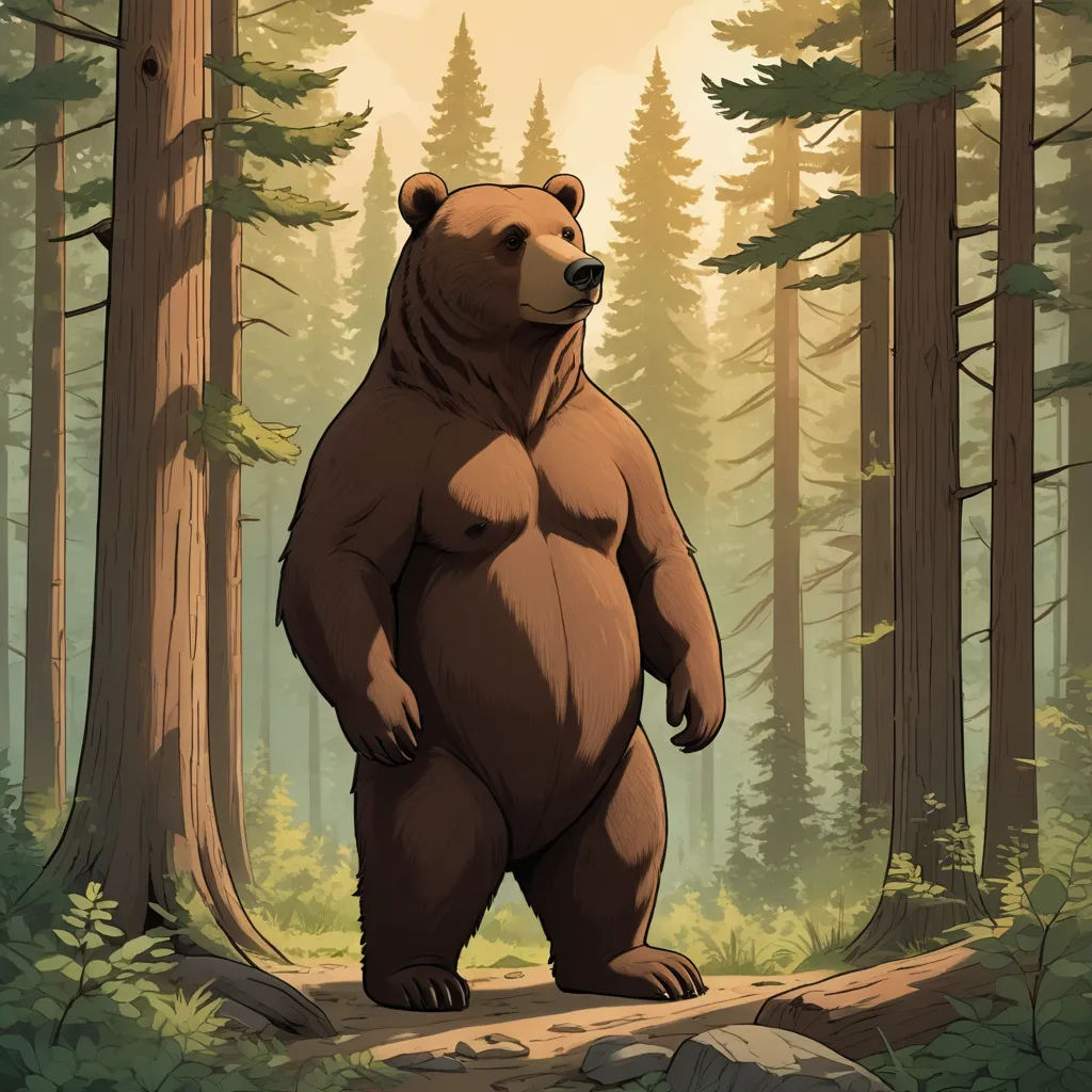 a bear standing in the middle of a forest with trees and rocks in the foreground and a sunlit sky in the background, furry art, concept art, Chris LaBrooy, official art