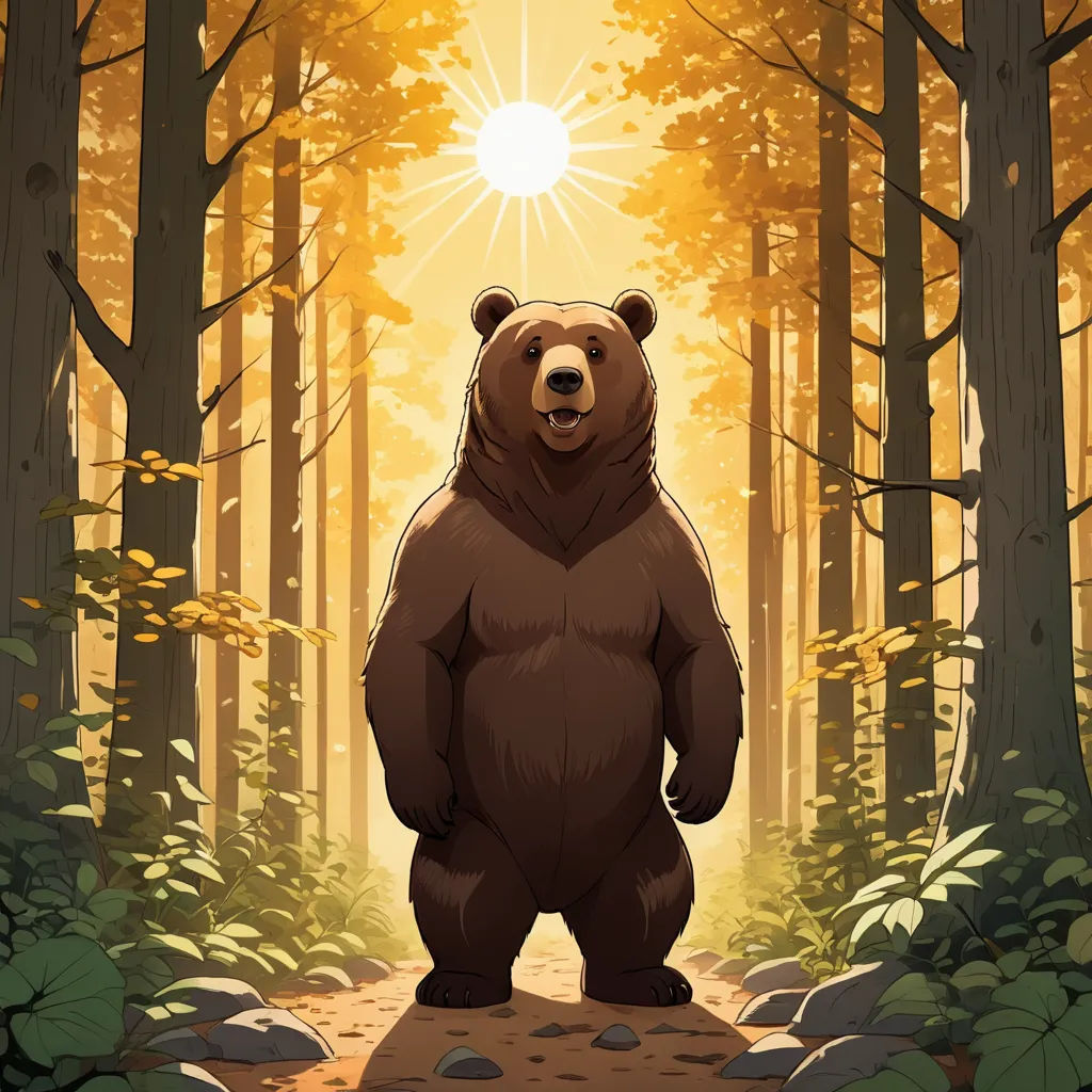 a bear standing in the middle of a forest with the sun shining through the trees behind it and a path leading to the ground, furry art, a character portrait, Chris LaBrooy, official art
