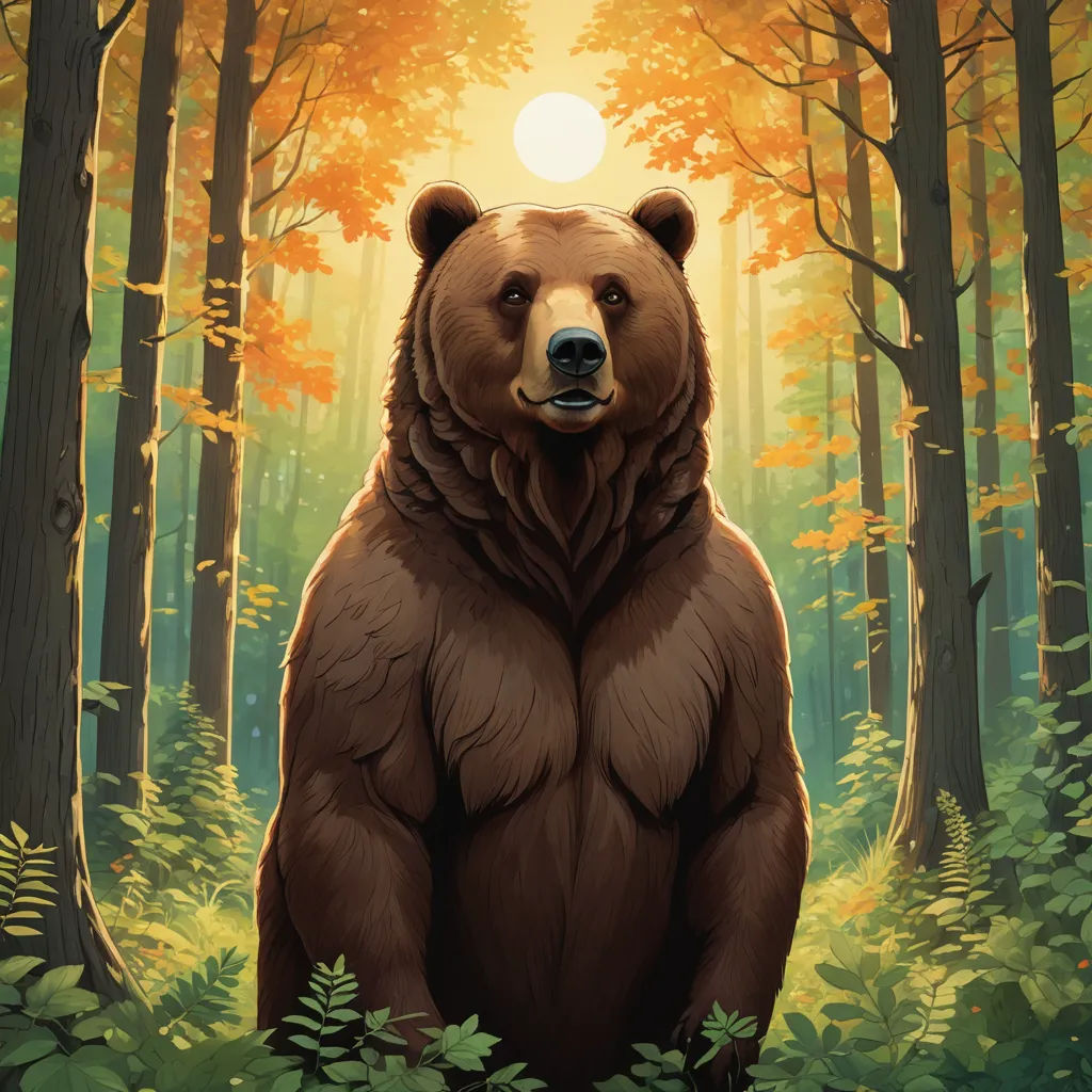 a bear standing in a forest with the sun shining through the trees and leaves on the ground, with the bear's head slightly to the left, furry art, a storybook illustration, Dan Mumford, official art