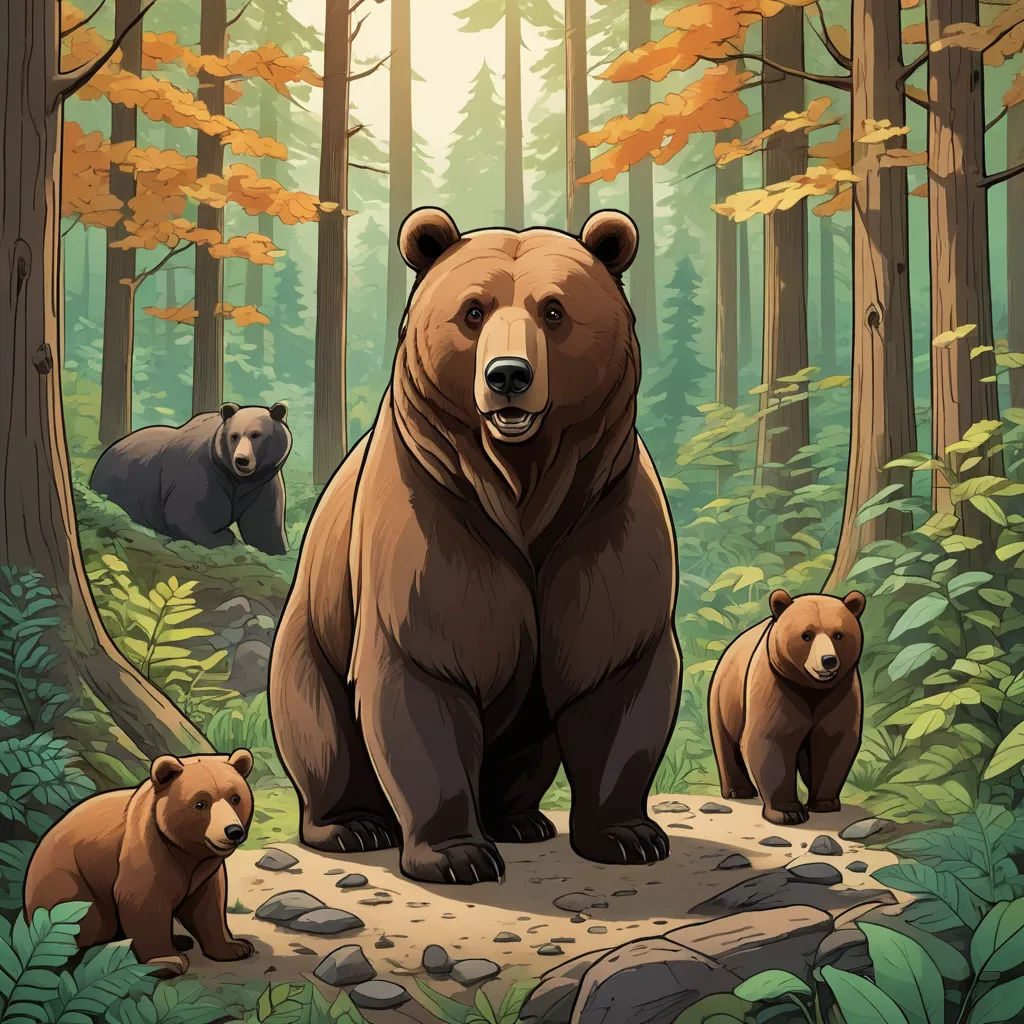 a bear and two cubs in a forest with rocks and trees in the background, with leaves and rocks on the ground, furry art, a storybook illustration, Dan Mumford, official art
