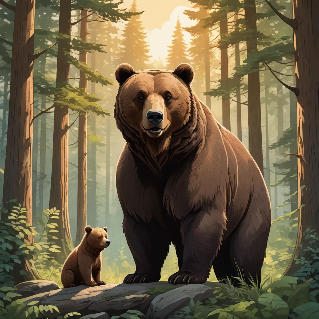 a bear and a cub are standing in the woods together, looking at each other, with the sun shining through the trees, furry art, a storybook illustration, Dan Mumford, official art