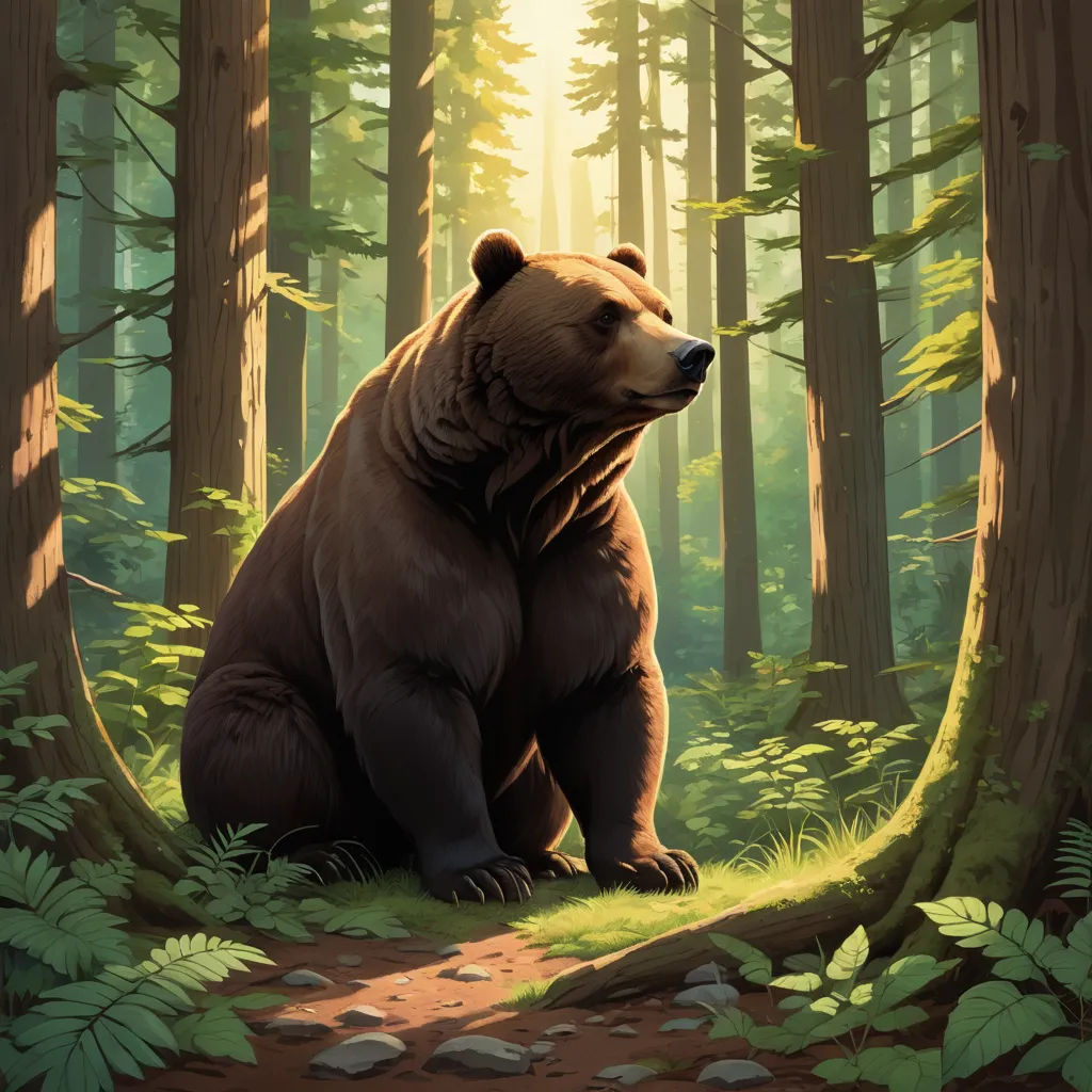 a bear sitting in the middle of a forest with sun shining through the trees and leaves on the ground, furry art, a character portrait, Chris LaBrooy, official art