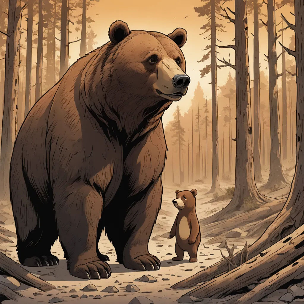 a bear and a cub standing in a forest with trees and rocks on the ground and a sunset in the background, furry art, a storybook illustration, Dan Mumford, official art