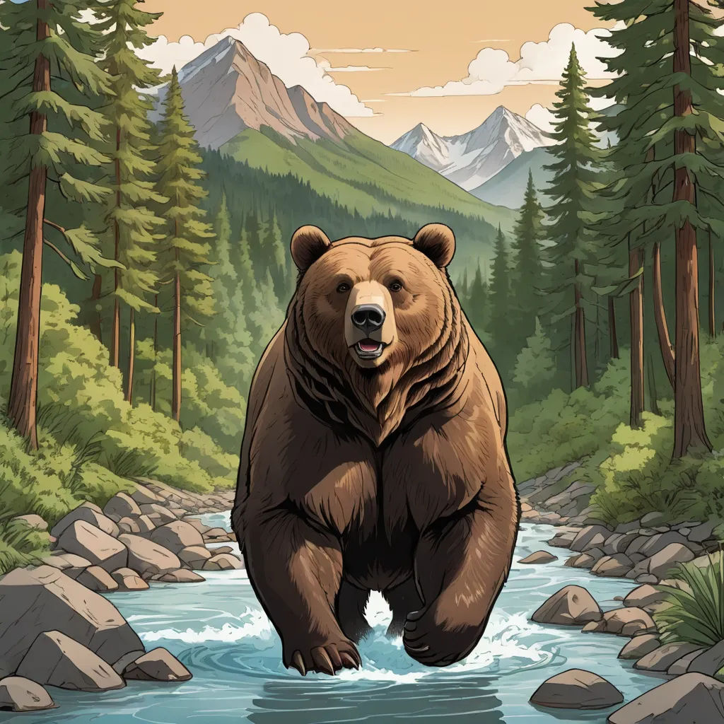 a bear is walking through a river in the woods with mountains in the background and a stream running through it, furry art, a storybook illustration, Dan Mumford, josan gonzales and dan mumford