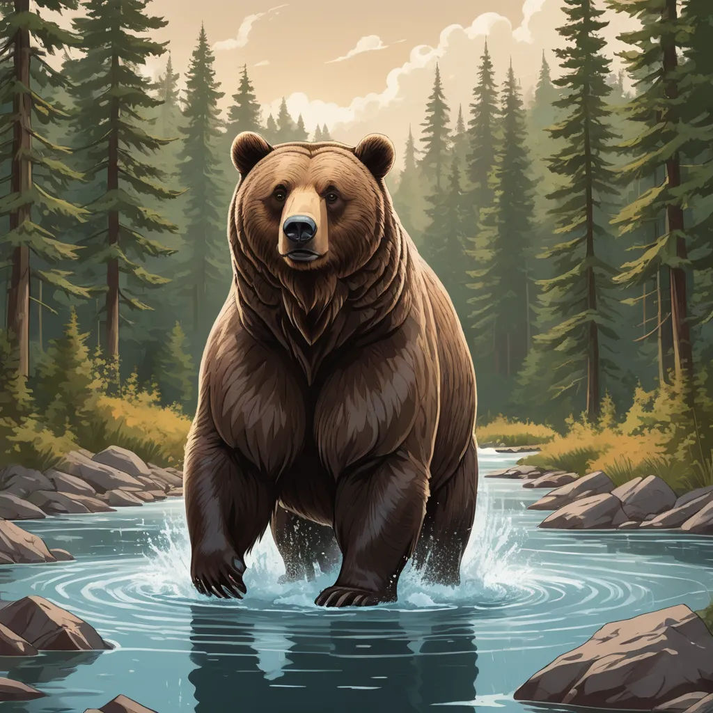 a bear is standing in a river with rocks and trees in the background and a sky with clouds and clouds, environmental art, a storybook illustration, Dan Mumford, highly detailed digital painting