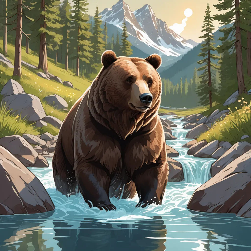 a bear is standing in a river with rocks and trees around it and mountains in the background, and a stream running through it, environmental art, a storybook illustration, Dan Mumford, josan gonzales and dan mumford