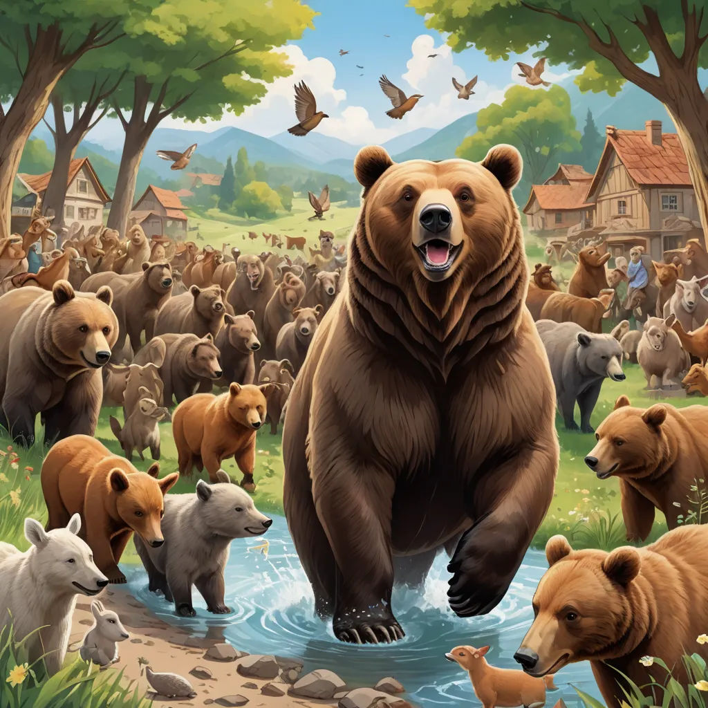 a large bear is standing in a river surrounded by other bears and birds, and a bird flies overhead, furry art, a storybook illustration, Chris LaBrooy, furaffinity