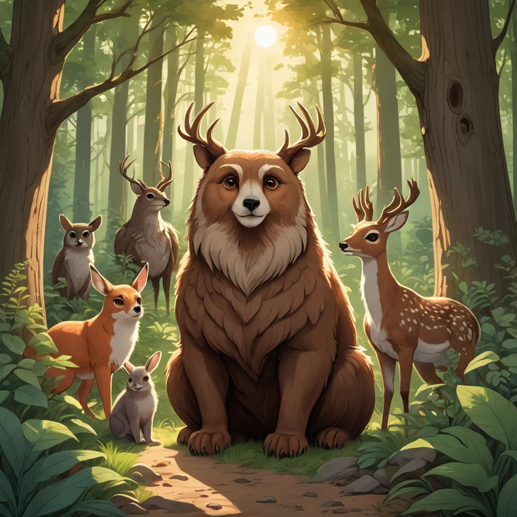 a group of animals standing in a forest next to trees and rocks with the sun shining through the trees, sots art, an album cover, Chris LaBrooy, official art