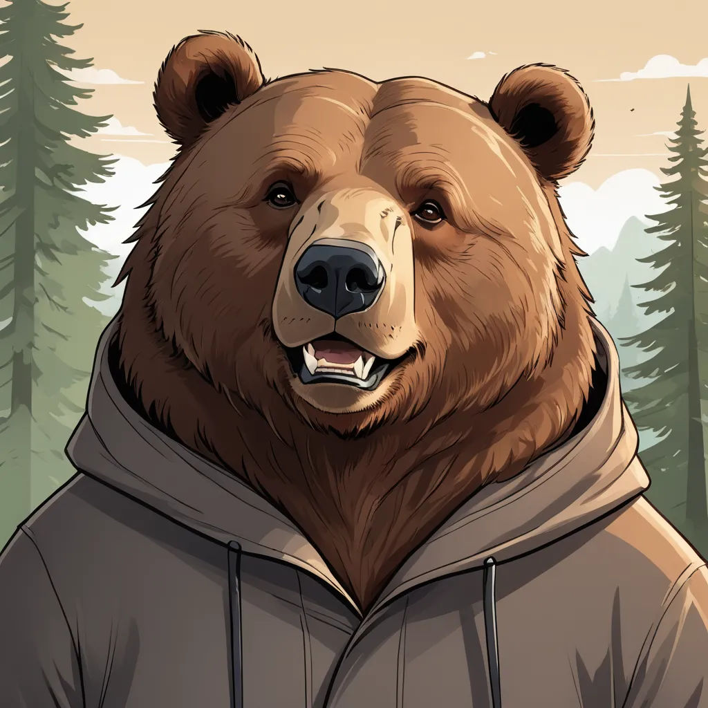 a bear wearing a hoodie in a forest with trees in the background and a sky background with clouds, furry art, a character portrait, Dan Content, character portrait
