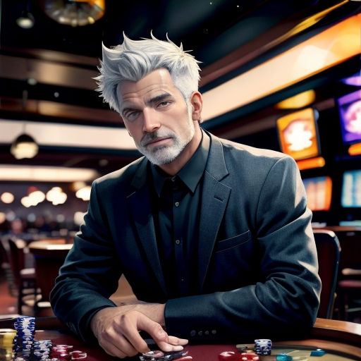 a man in a suit sitting at a table with a casino chip in front of him and a clock in the background