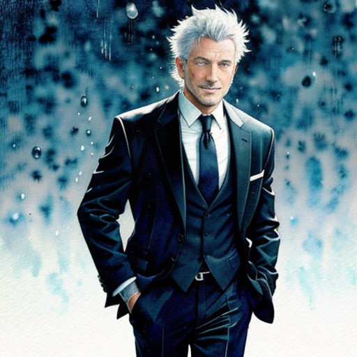 a man in a suit and tie standing in front of a snow background with rain drops on it and a blue background