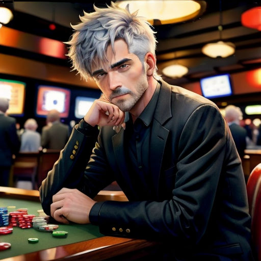 a man sitting at a table with a lot of chips in front of him and a lot of people in the background