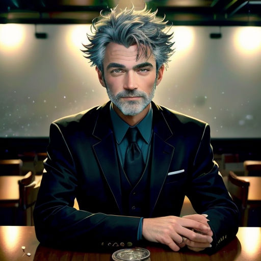 a man in a suit sitting at a table with a coin in front of him and a projection screen behind him