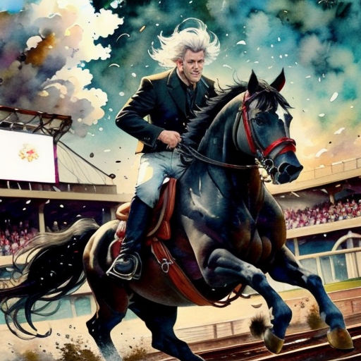 a painting of a man riding a horse in a stadium with a crowd watching from the stands and a stadium