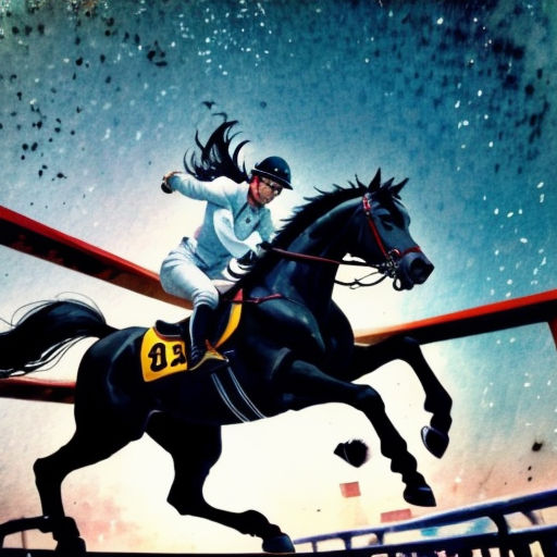 a painting of a jockey riding a horse over a hurdle with a sky background and stars in the sky