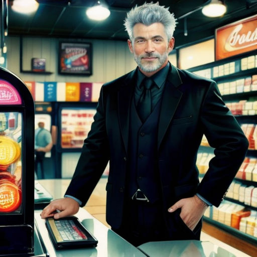 a man in a suit standing in front of a vending machine in a store with a phone in his hand