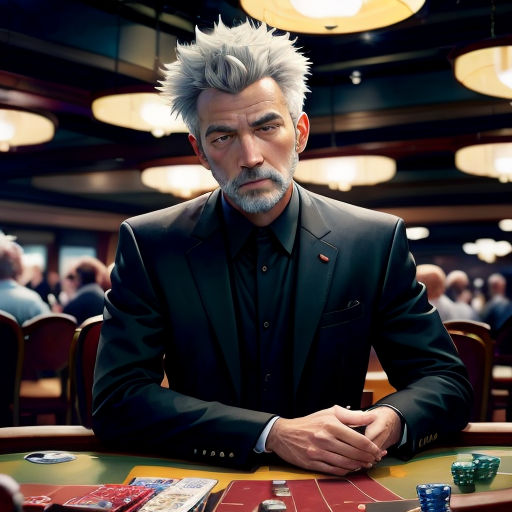 a man in a suit sitting at a table with cards and chips in front of him and a casino chip in front of him