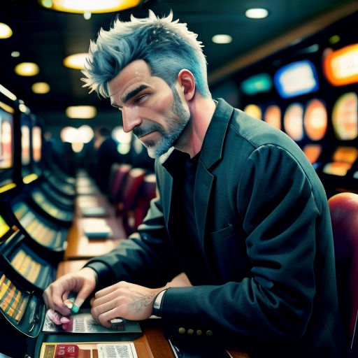 a man sitting at a table with a laptop computer in front of him and a lot of slot machines in the background