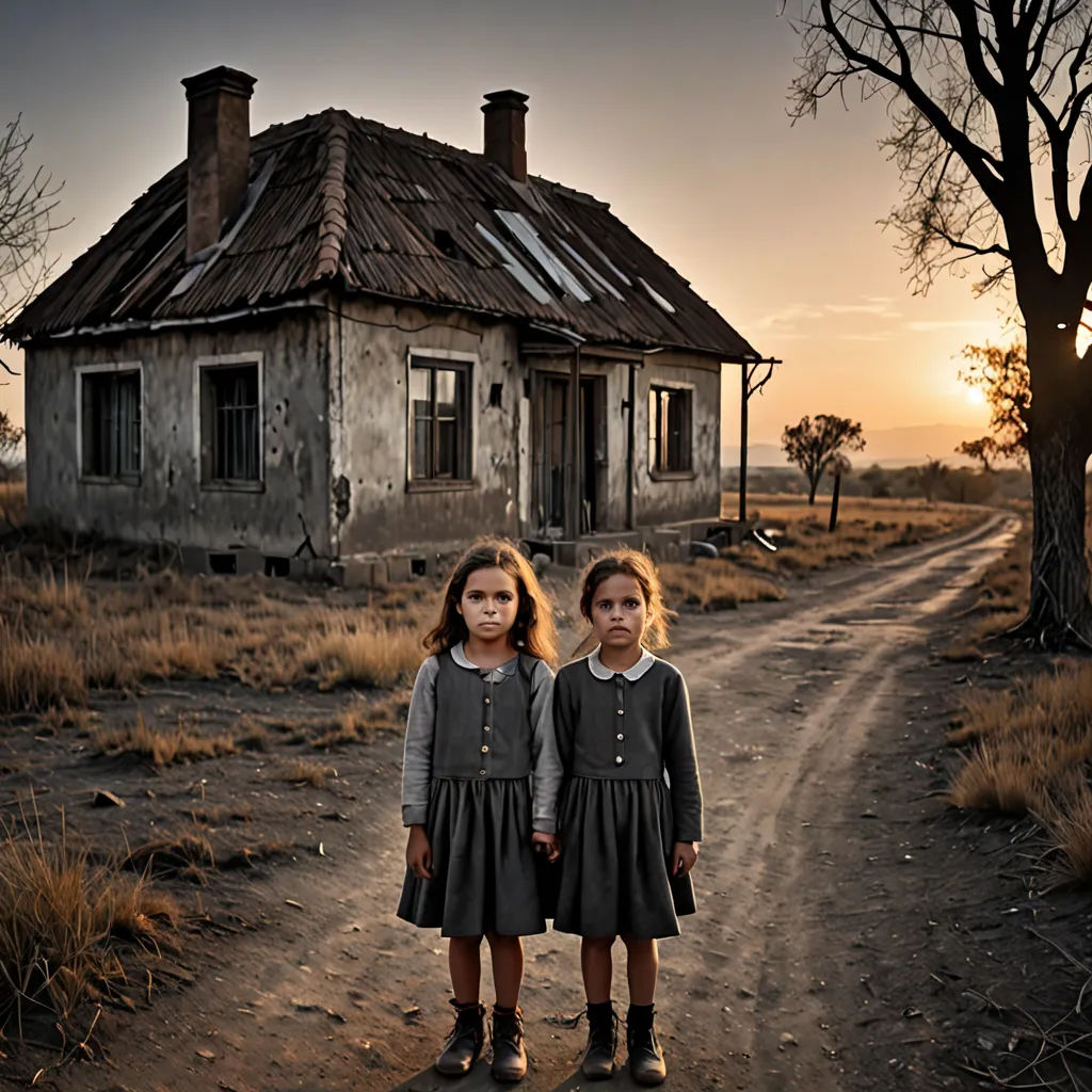two girls standing in front of a run down house in the country side at sunset or dawn with a dirt road leading to the house, magical realism, an album cover, Artur Tarnowski, award - winning photography