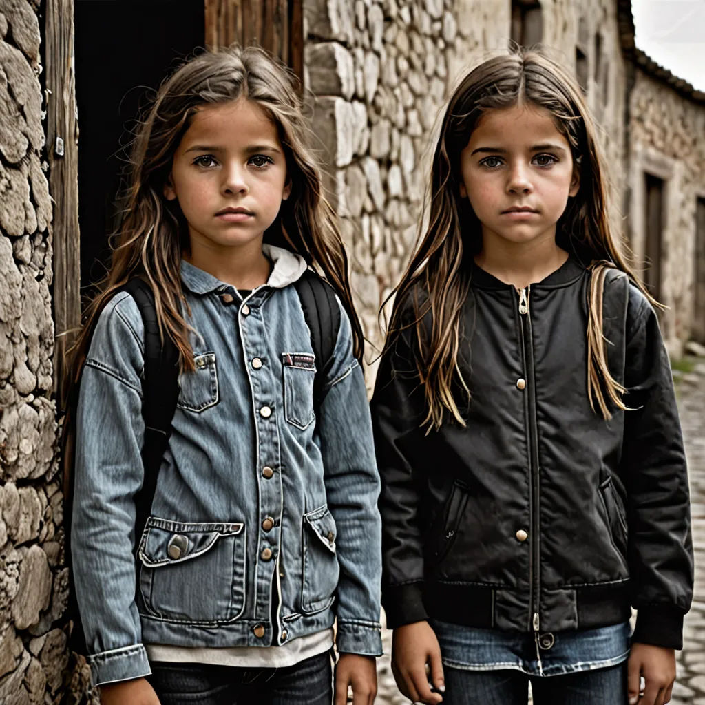 two young girls standing next to each other in front of a stone building with a clock on it's side, barbizon school, a photocopy, Diego Gisbert Llorens, promotional image
