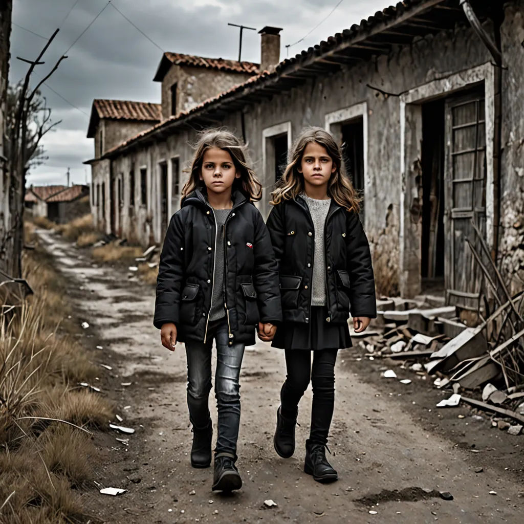 two young girls walking down a dirt road in front of an old building with broken windows and a broken door, neoism, a detailed matte painting, Diego Gisbert Llorens, promotional image