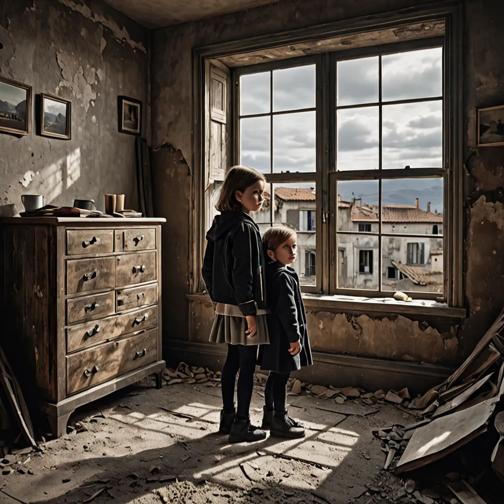 a woman and a child standing in a room with a broken wall and a window with a view of a city, art photography, a detailed matte painting, Diego Gisbert Llorens, promotional image
