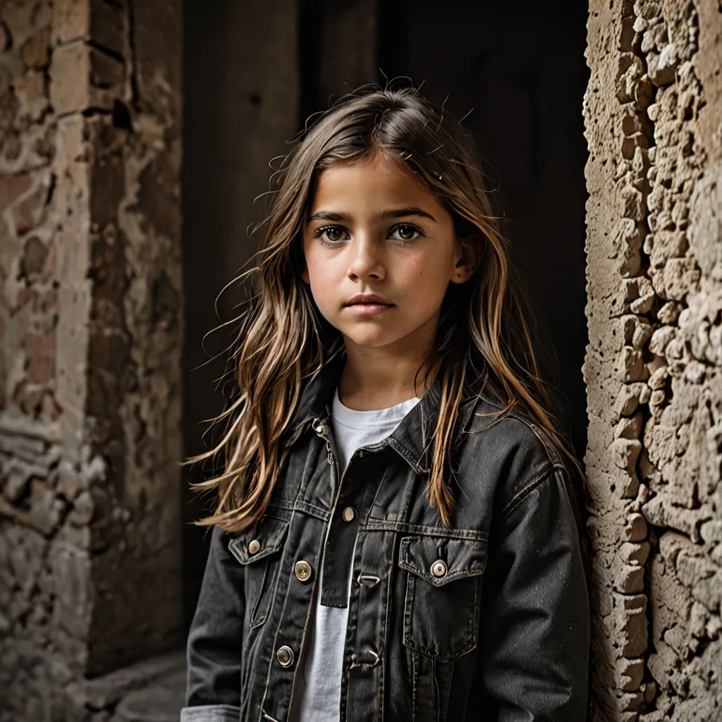 a young girl standing in a doorway of a building with a black jacket on her shoulders and a white shirt on, barbizon school, a character portrait, Claire Dalby, promotional image