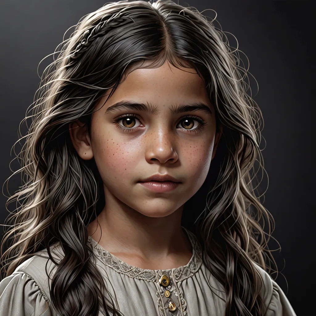 a painting of a girl with long hair and a frecky dress on, looking at the camera, photorealism, a photorealistic painting, Araceli Gilbert, highly detailed digital painting
