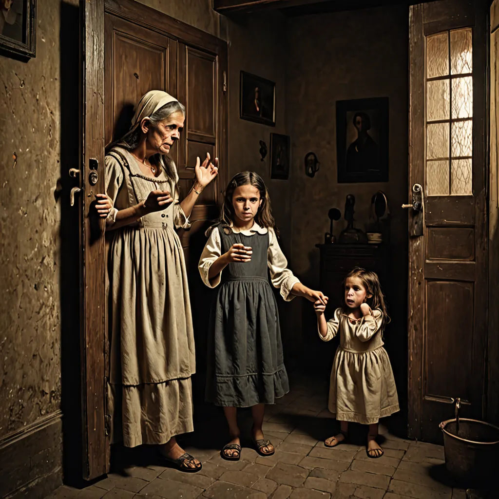 a woman and two children standing in a doorway with a cell phone in their hands and a woman holding a child's hand, art photography, a detailed matte painting, Annie Leibovitz, award - winning photography