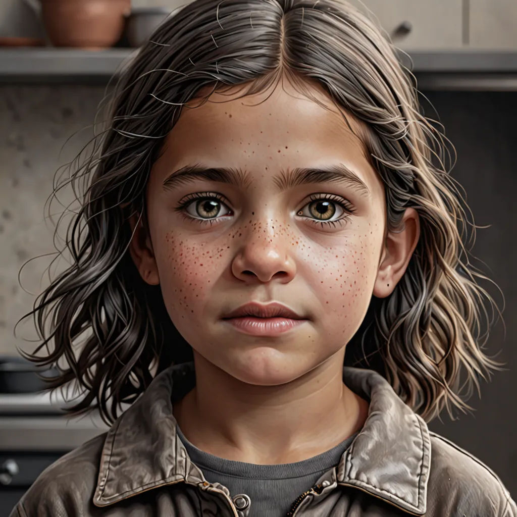 a painting of a young girl with freckles on her face and freckles on her face, photorealism, a photorealistic painting, Cliff Childs, highly detailed digital painting