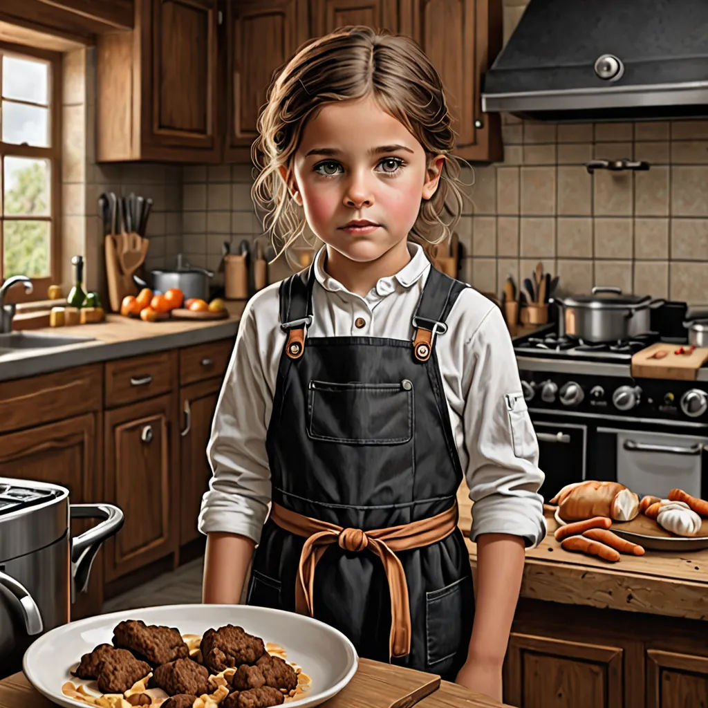 a painting of a girl standing in a kitchen with a plate of food in front of her and a pot of food on the counter, hyperrealism, a hyperrealistic painting, Bob Byerley, highly detailed digital painting