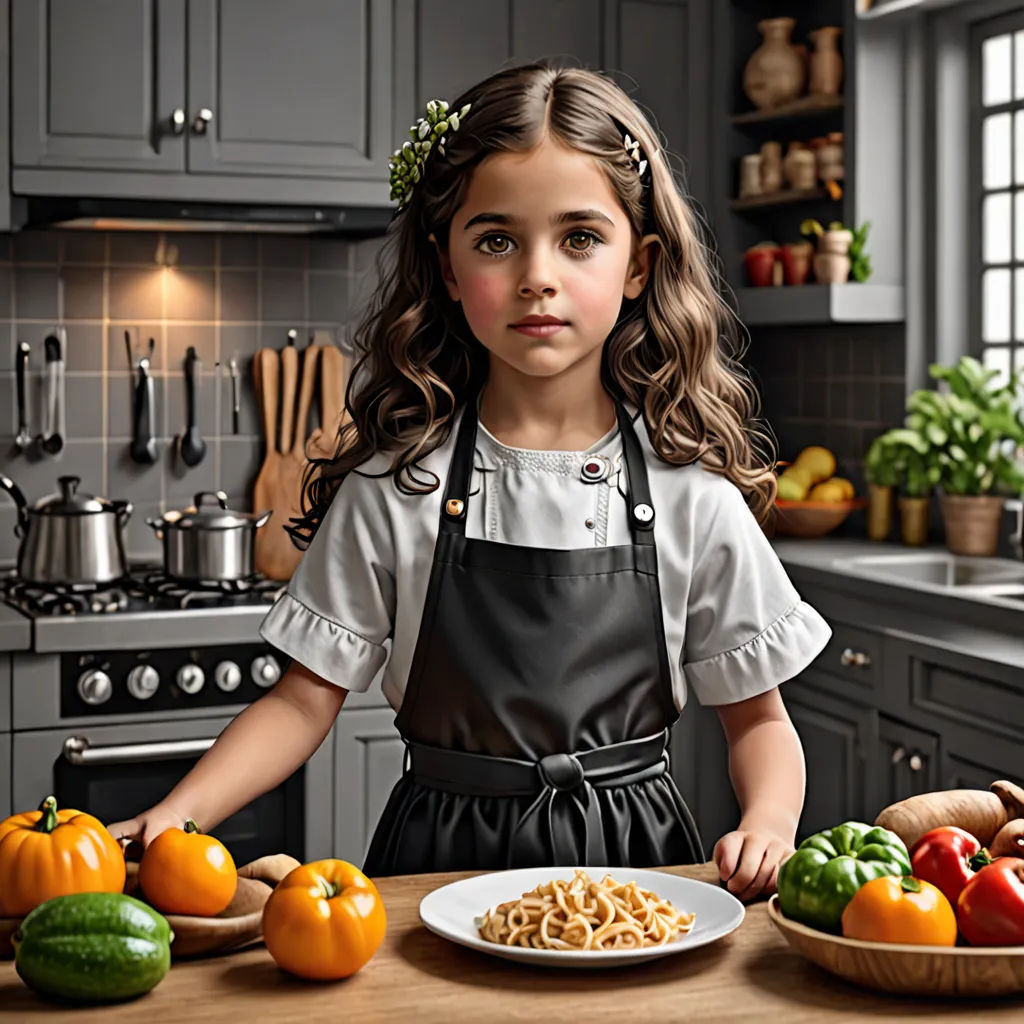 a painting of a girl in a kitchen with a plate of pasta and vegetables on the counter top, and a bowl of fruit and vegetables on the counter, photorealism, a photorealistic painting, Amalia Lindegren, highly detailed digital painting