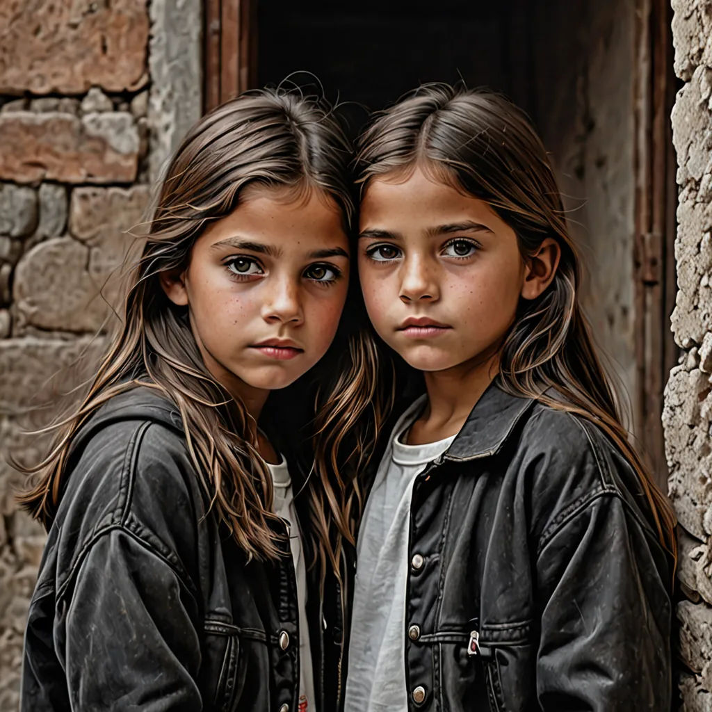 two young girls standing next to each other near a stone building with a door and window frame in the middle, antipodeans, a photocopy, Daniel Lieske, portrait photography