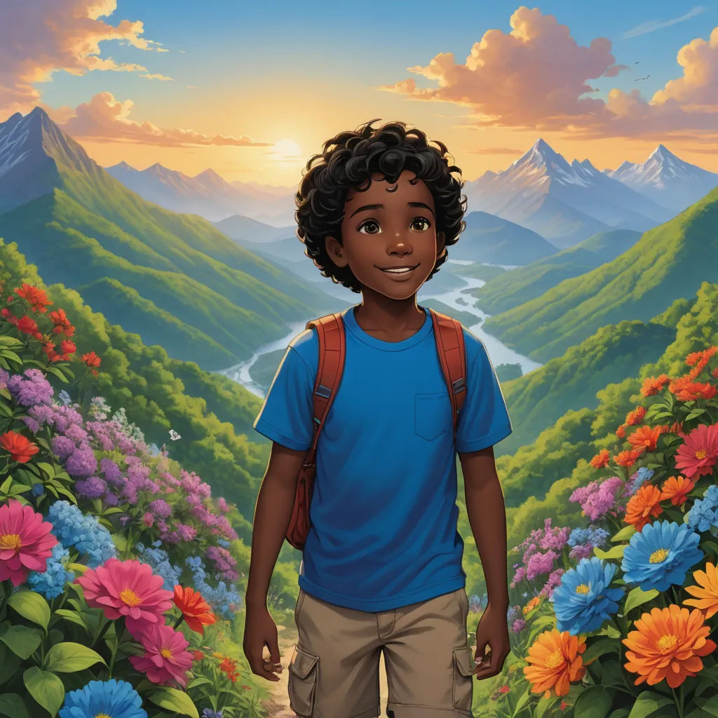 a painting of a boy standing in a field of flowers with a mountain in the background and a river running through the valley, magical realism, a storybook illustration, Aaron Jasinski, comic cover art