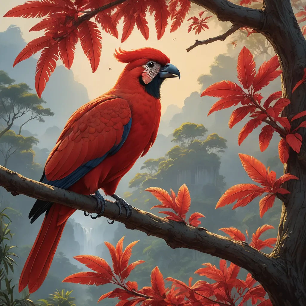 a red parrot perched on a branch in a forest with red leaves and a waterfall in the background with a waterfall in the distance, fantasy art, a digital painting, Chris LaBrooy, magic the gathering artwork